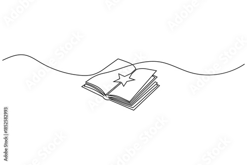 Single line drawing of an open book with a star symbol for success and top rated literature concept
