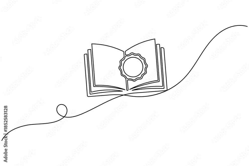 Obraz premium Continuous line drawing of a seal on an open book for certification and academic achievement concept