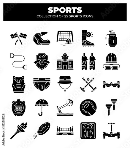 Collection of 25 Sports Icons. Sport Equipment. Game. and Fitness