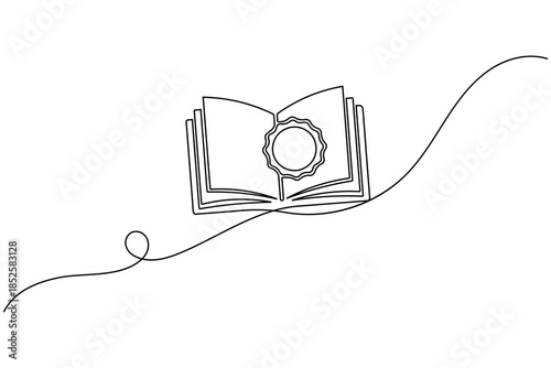 Continuous line drawing of a seal on an open book for certification and academic achievement concept