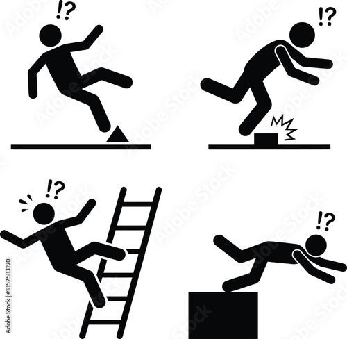 Warning icons depicting various types of falls and slips