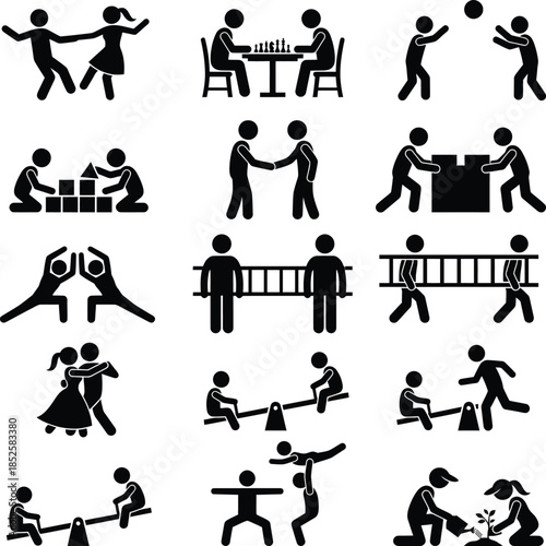 Collection of stick figures engaging in various recreational activities