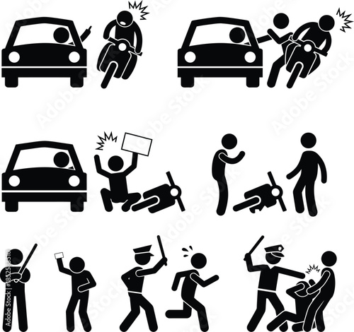 Car and motorcycle accident illustrations with police intervention