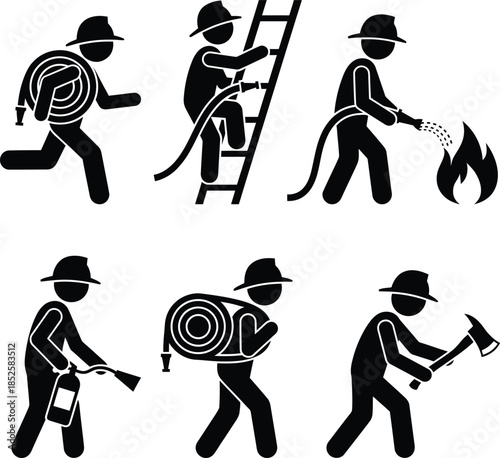 Firefighter action icons: carrying hose, climbing ladder, extinguishing fire, and using axe