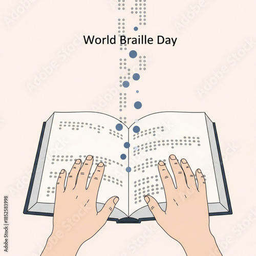 World Braille Day concept hands reading an open book with braille text symbolizing literacy and accessibility for the visually impaired