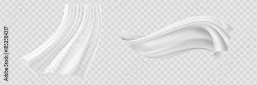 Set of realistic fluttering white cloths, soft lightweight clear material isolated on transparent background vector illustration