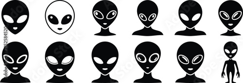 Alien head illustrations, extraterrestrial character icons, stylized vector design, black silhouette set, sci-fi creature concept, isolated artwork, mysterious theme