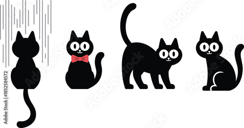 Black cat silhouettes, cartoon feline poses, expressive pet icons, vector illustration, minimalist animal design, isolated style, cute character set, moody theme