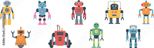 Cartoon robot illustrations, colorful mechanical characters, humanoid and animal designs, black vector icons, playful tech figures, isolated style, futuristic machine set