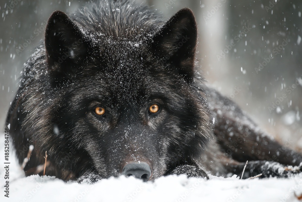 Obraz premium Black wolf with golden eyes resting on snow-covered ground in a serene winter forest setting during snowfall