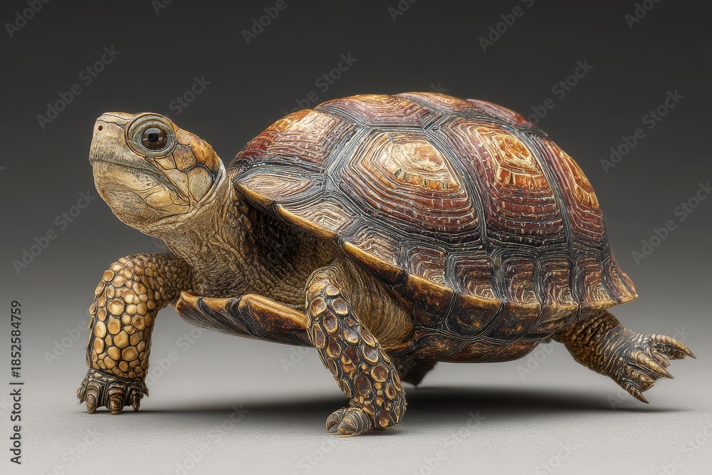 Obraz premium Coahuilan Box Turtle walking on a smooth surface showcasing its intricate shell patterns and natural habitat at a wildlife sanctuary during daylight