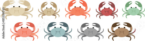 Cartoon crab illustrations, colorful sea creatures, smiling marine icons, playful ocean animals, vector design, beach theme, isolated style, cute crustacean set