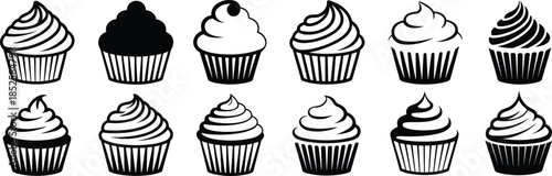 Cupcake silhouette illustrations, black and white dessert icons, stylized frosting designs, vector bakery elements, isolated sweet treat set, artistic pastry concept