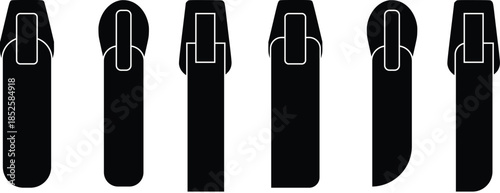  Collection of diverse black zipper sliders and pullers showcasing various designs and shapes vector set