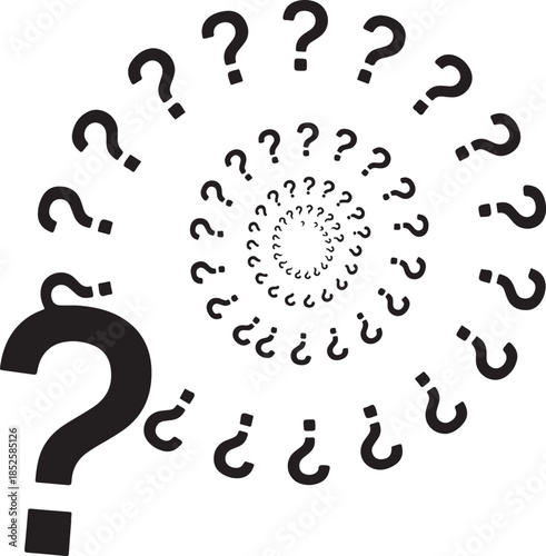A swirling pattern of black question marks creates a visually intriguing and abstract spiral design on a white background