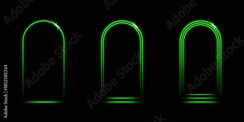 A set of glowing green laser arch-shaped frames isolated on a black background. Abstract vector illustration.