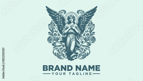 Teal-colored illustration of a winged figure with floral designs and a placeholder text for brand name and tagline on a light green background.