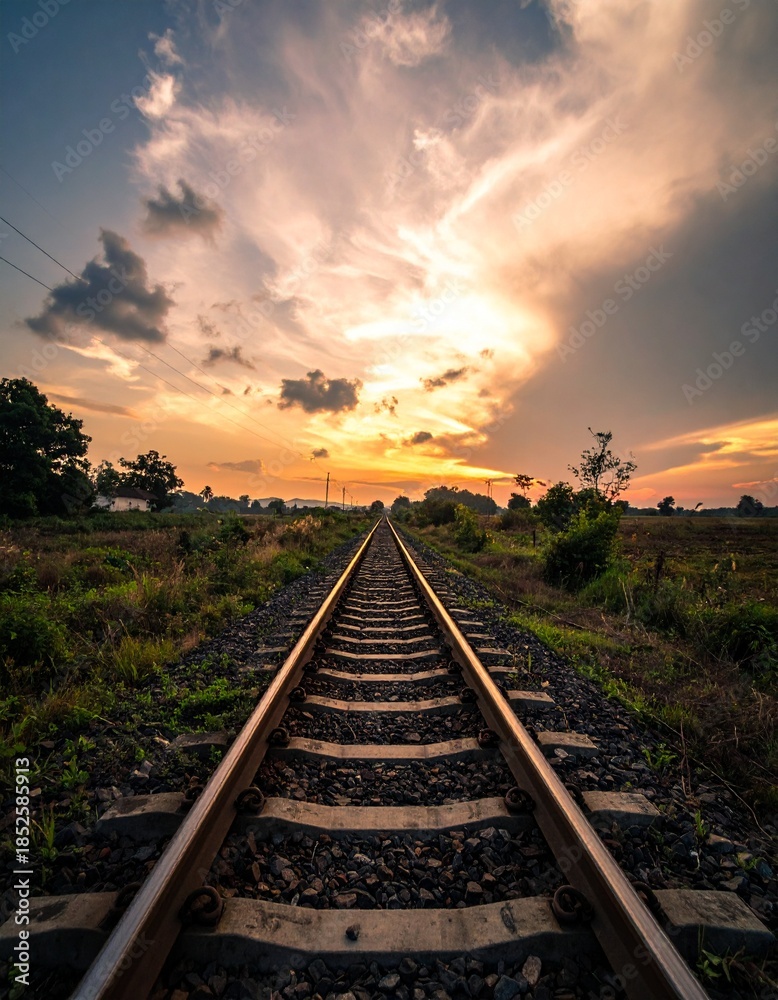 Obraz premium Dramatic Sunset Over Railway Tracks Leading into the Horizon, Scenic Landscape.