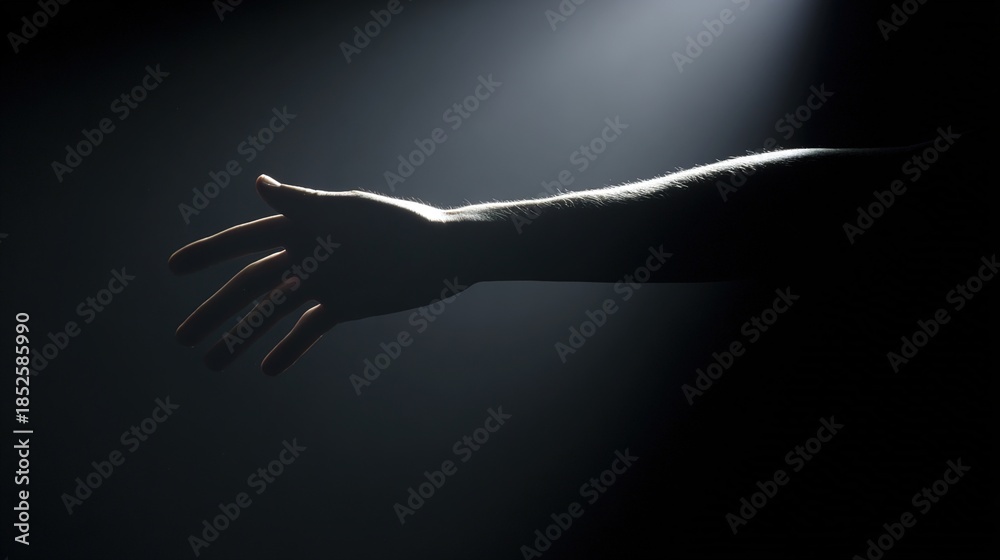 Obraz premium forearm. Silhouetted forearm reaching toward a light source against a dark gradient background. wellbeing guides, coaching materials, designed for mental health education and mindfulness programs.
