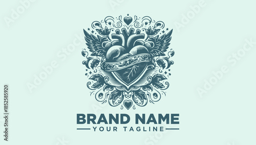 Teal-colored ornate heart logo with wings and floral patterns on a light green background for branding purposes.
