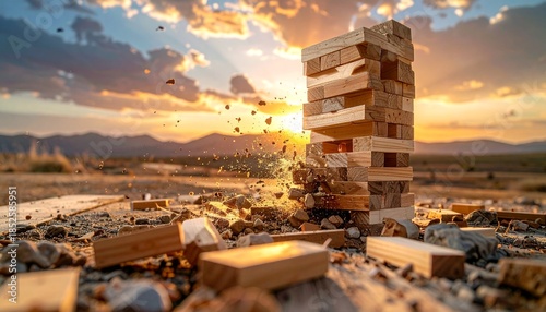 Dramatic Sunset Scene of a Collapsing Wooden Block Tower in a Desert Landscape.