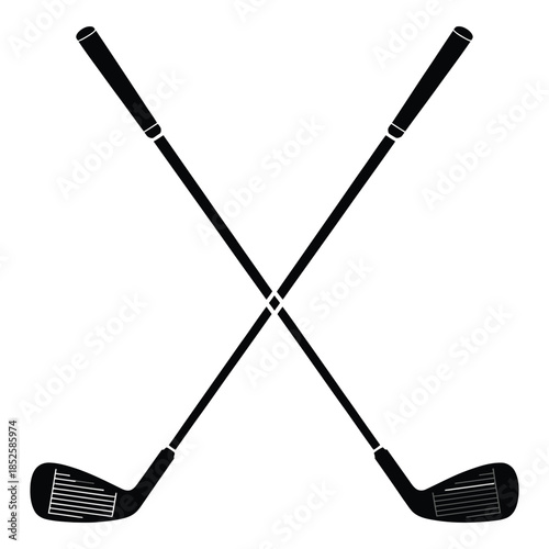 Classic golf clubs crossed vector artwork showcasing traditional club design, perfect for golf course branding, tournament logos, sports event graphics, recreational activity themes,