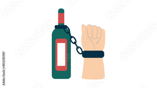 Chains linking a hand to a wine bottle, symbolizing addiction and struggle.