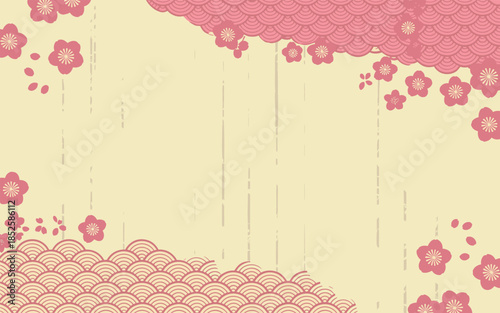 Pink floral pattern with concentric circles and raindrops on light background