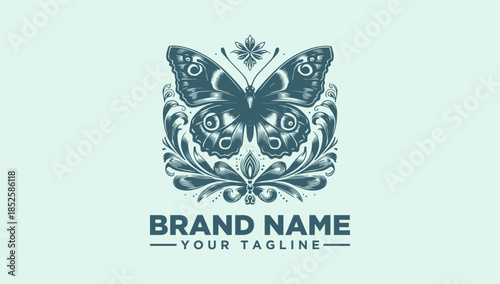 Elegant Butterfly Logo Vector Illustration with Floral Ornaments
