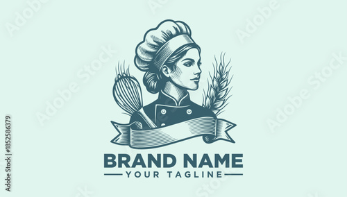 Elegant Baker Woman with Whisk and Wheat Logo Vector Illustration