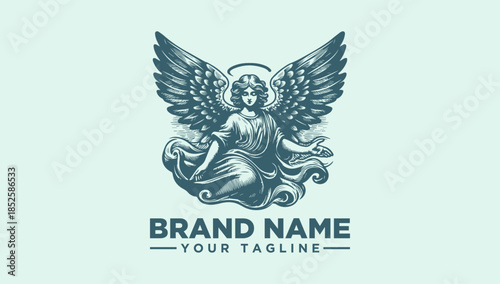 Vintage Engraved Angel Logo Vector Illustration with Wings and Halo – Spiritual Divine Messenger Design for Brand Identity