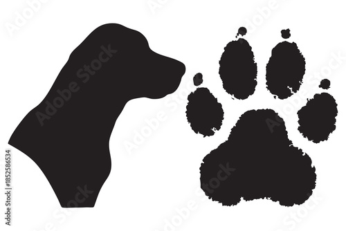 Dog head silhouette and paw print icon on white background