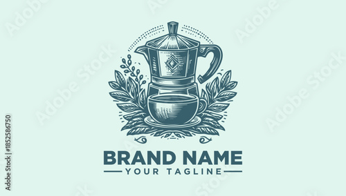 Retro Coffee Maker Logo Vector Illustration - Vintage Moka Pot and Cup Brand Design
