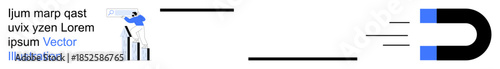 Marketing, growth strategy, business analytics, customer engagement, lead generation, financial trends. Bar chart with a person analyzing and a magnet attracting elements. Marketing and growth