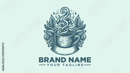 Ornate steaming coffee cup logo vector illustration, vintage hand-drawn beverage design with intricate floral elements and decorative swirls, perfect for a brand identity