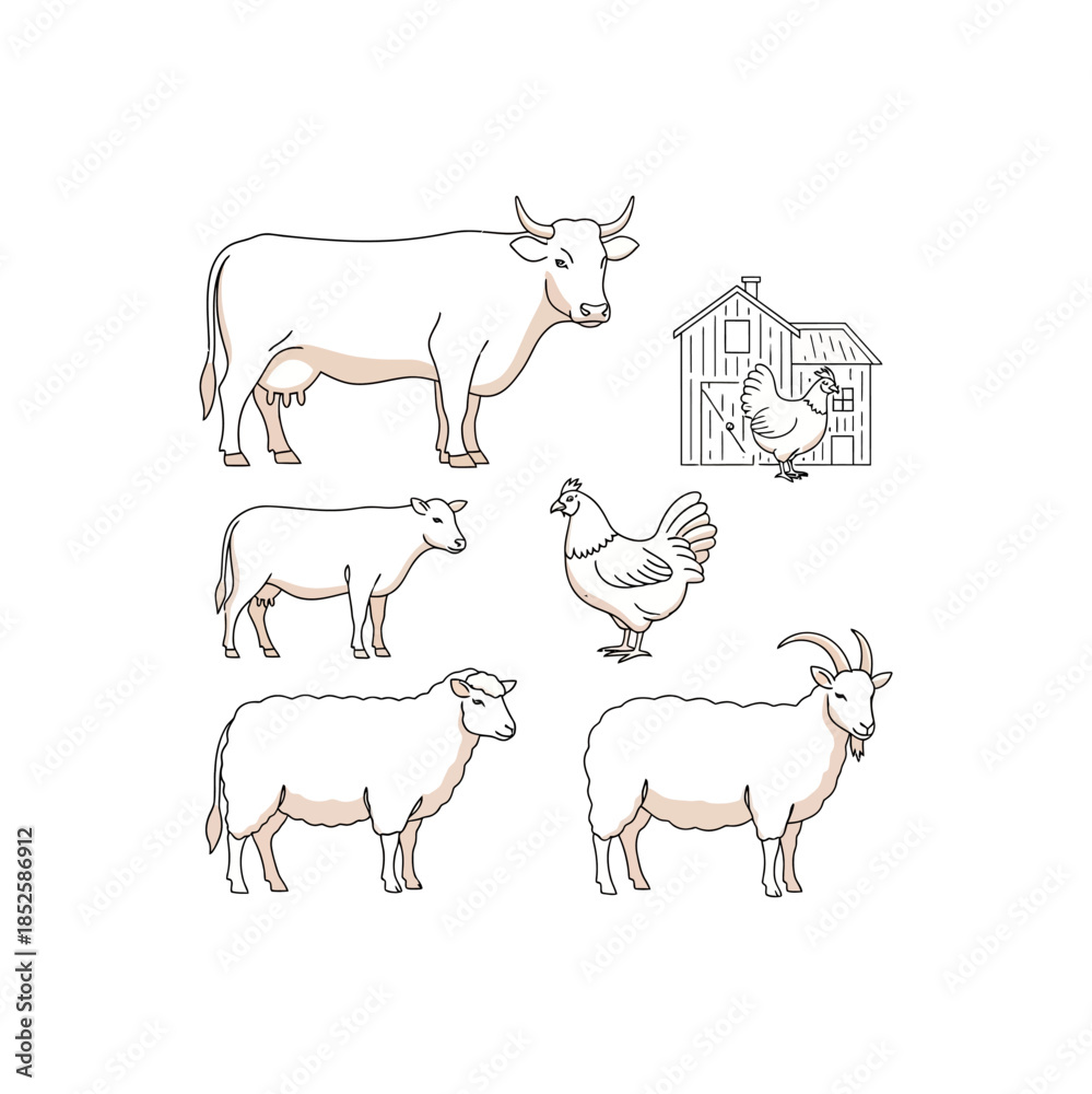 Fototapeta premium A collection of various farm animals including a cow, calf, sheep, goat, and chickens with a small barn.