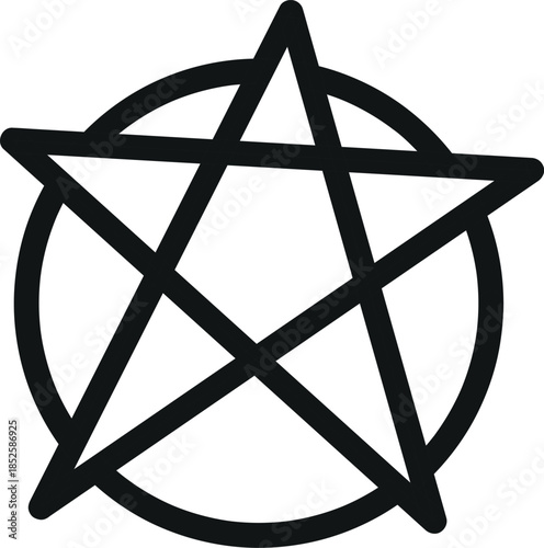 A black pentagram symbol within a circle on a white background