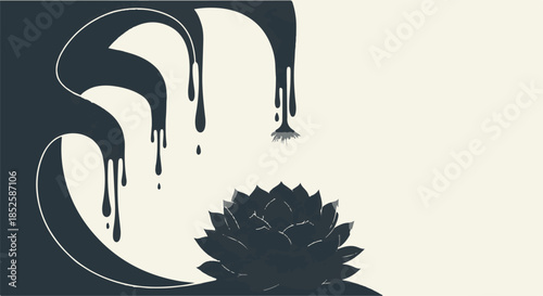 Abstract artistic lotus flower design with dark liquid dripping on cream background creative inspiration for branding advertising editorial use