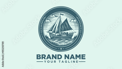 Vintage sailing ship logo vector illustration for maritime business identity, classic boat emblem design for nautical branding and adventure travel