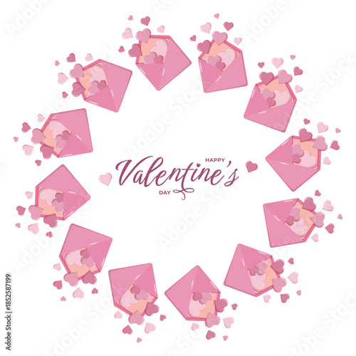 Circular Valentine illustration with pink envelopes spilling hearts around Happy Valentine s Day text on pastel blue. Sweet romantic design for cards, decor, invitations and festive themes