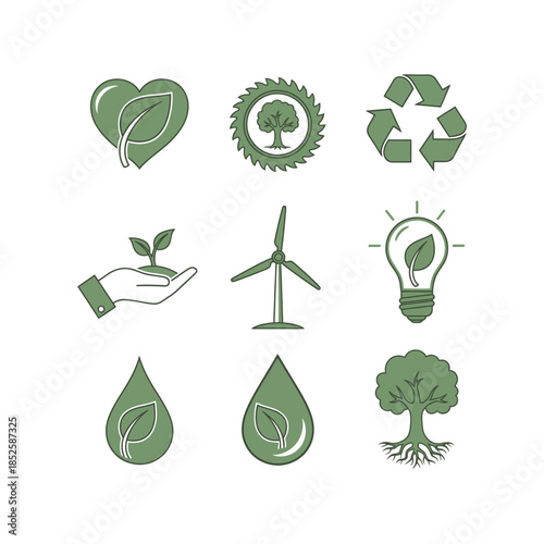A collection of green line icons representing environmental protection, renewable energy, recycling, and nature conservation.