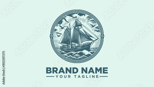 Vintage sailing ship logo vector illustration, a classic marine artwork for maritime businesses and adventure themes. Nautical voyage emblem design