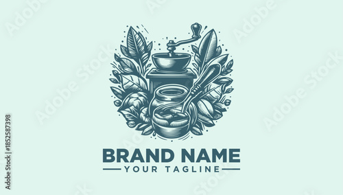 Vintage Coffee Grinder Logo Illustration A Monochrome Vector Design for Cafes and Artisanal Coffee Brands