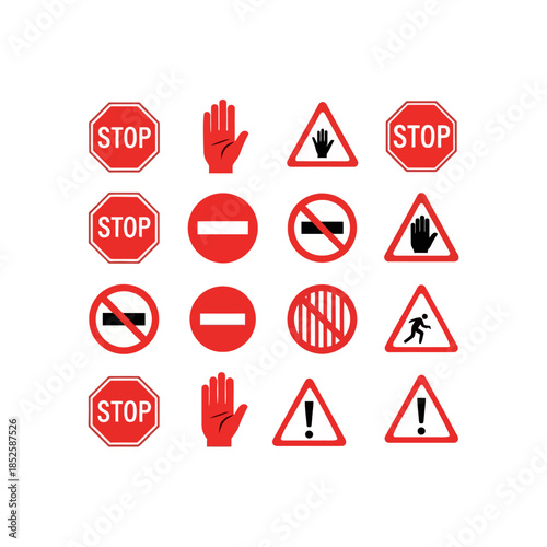 A grid of diverse red and white warning, stop, and prohibition signs, indicating various traffic and safety instructions. Free Download A grid of diverse red and white warning, stop, and prohibition signs, indicating various traffic and safety instructions. - GFXLoad