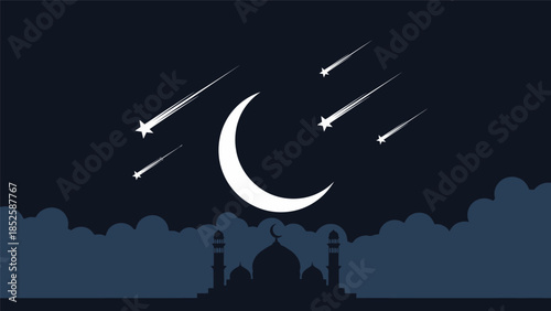 A serene night scene depicting a mosque silhouette under a crescent moon and shooting stars in the dark sky.