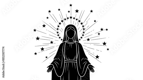 An illustration depicts a woman in a robe surrounded by stars and lines.