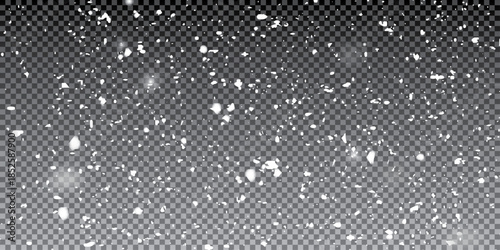 White snow. Falling snowflakes on transparent background. Snowfall. Vector illustration
