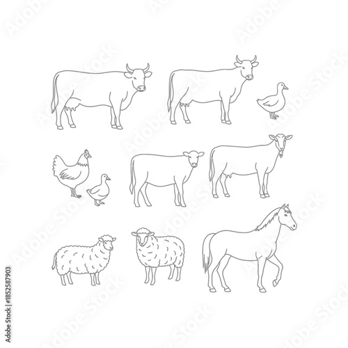 A collection of simple line art illustrations depicting various common farm animals such as cows, sheep, chickens, ducks, a goat, and a horse, isolated on a white background.