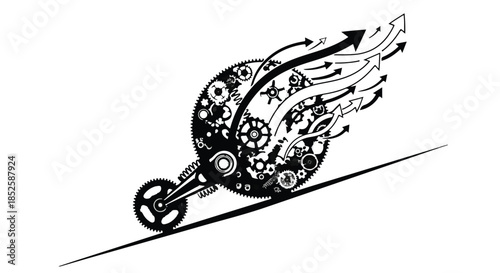 Innovative creative wheel with gears and stars speeding forward on track with motion blur, symbolizing progress and success in business and technology