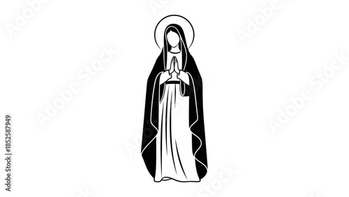 An illustration depicts a woman in prayer, wearing a long dress and cloak, with a halo above her head.